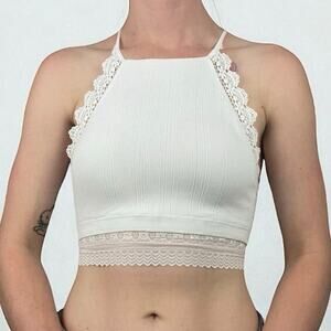 NWOT White Lace Trim Ribbed Strappy Open Back Padded Bralette Top
